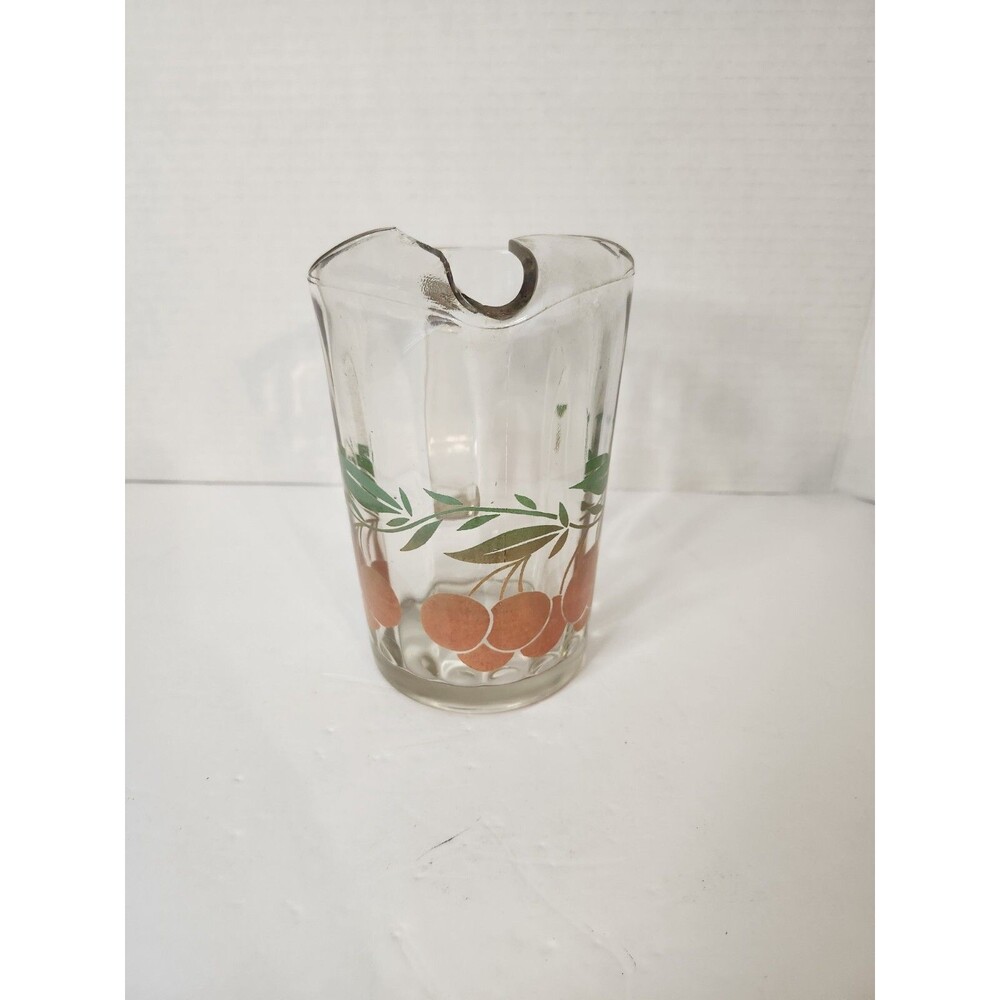 VTG MCM Anchor Hocking Painted Orange Juice Clear Ribbed Glass Pitcher
